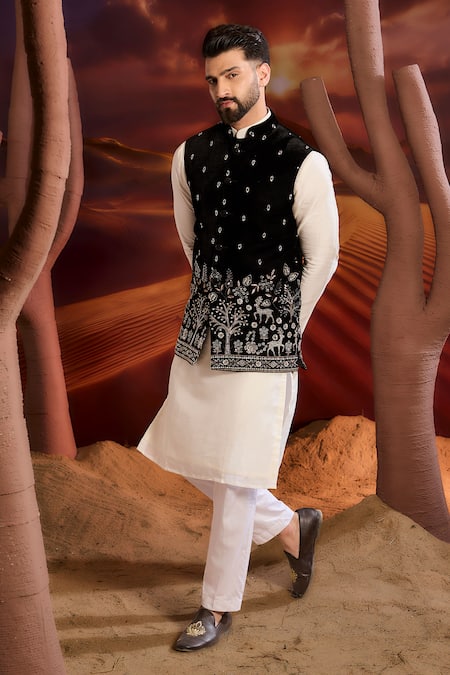 Kasbah Black Velvet Embroidery Designer Nehru Jacket 