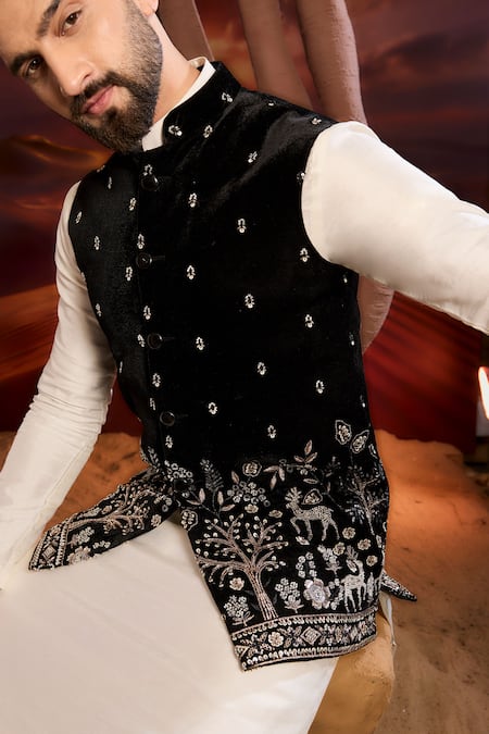 Kasbah_Black Velvet Embroidery Designer Nehru Jacket _Online_at_Aza_Fashions