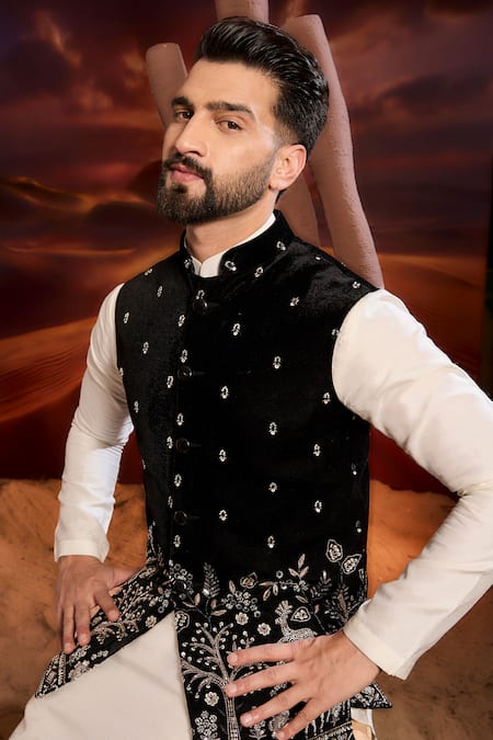 Buy_Kasbah_Black Velvet Embroidery Designer Nehru Jacket _Online_at_Aza_Fashions