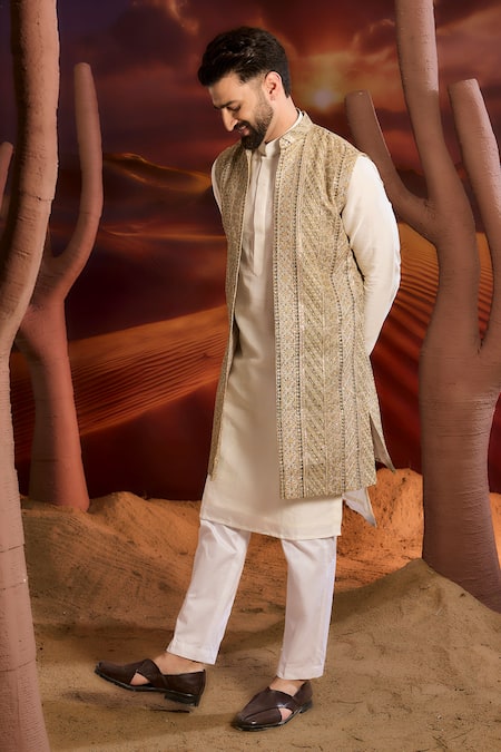 Kasbah_Green Georgette Embroidery Designer Nehru Jacket _Online_at_Aza_Fashions