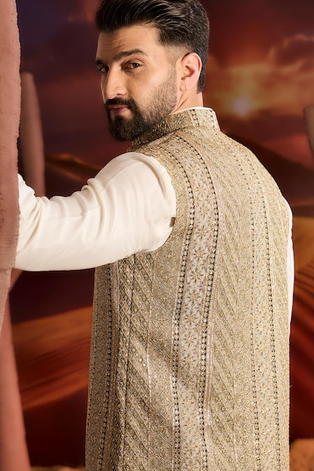 Buy_Kasbah_Green Georgette Embroidery Designer Nehru Jacket _Online_at_Aza_Fashions