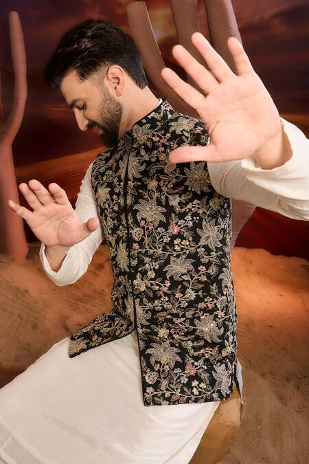 Kasbah_Black Georgette Embroidery, Zari Designer Floral Nehru Jacket _Online_at_Aza_Fashions