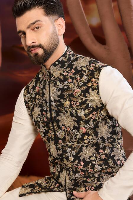 Buy_Kasbah_Black Georgette Embroidery, Zari Designer Floral Nehru Jacket _Online_at_Aza_Fashions