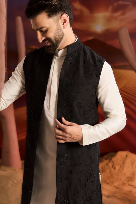 Kasbah Black Silk Embroidery Designer Nehru Jacket Online at Aza Fashions Kasbah_Black Silk Embroidery Designer Nehru Jacket _Online_at_Aza_Fashions