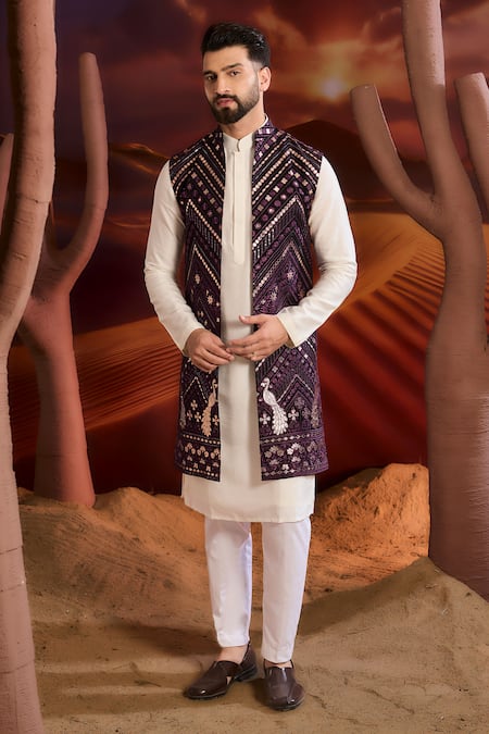 Kasbah_Purple Georgette Embroidery, Sequins Designer Nehru Jacket _Online_at_Aza_Fashions