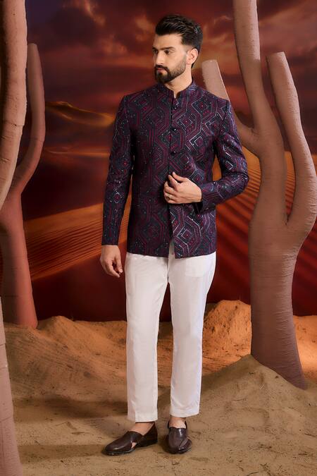 Kasbah Blue Silk Sequins, Embroidery Designer Bandhgala Online at Aza Fashions Kasbah_Blue Silk Sequins, Embroidery Designer Bandhgala _Online_at_Aza_Fashions