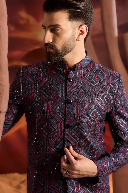 Buy Kasbah Blue Silk Sequins, Embroidery Designer Bandhgala Online at Aza Fashions Buy_Kasbah_Blue Silk Sequins, Embroidery Designer Bandhgala _Online_at_Aza_Fashions