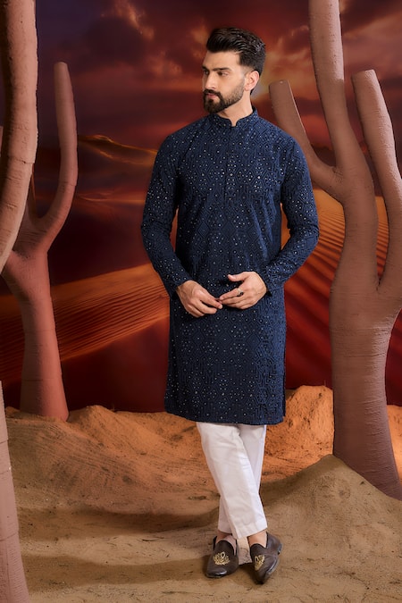 Buy Kasbah Blue Silk Sequins, Embroidery Designer Classic Kurta Online at Aza Fashions Buy_Kasbah_Blue Silk Sequins, Embroidery Designer Classic Kurta _Online_at_Aza_Fashions