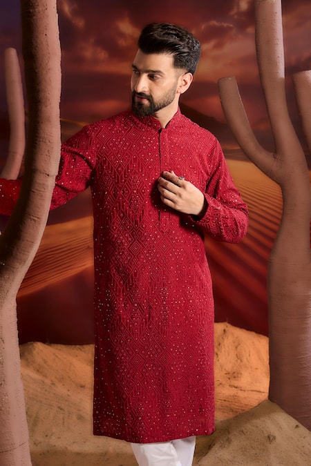Kasbah Red Silk Embroidery Designer Kurta 
