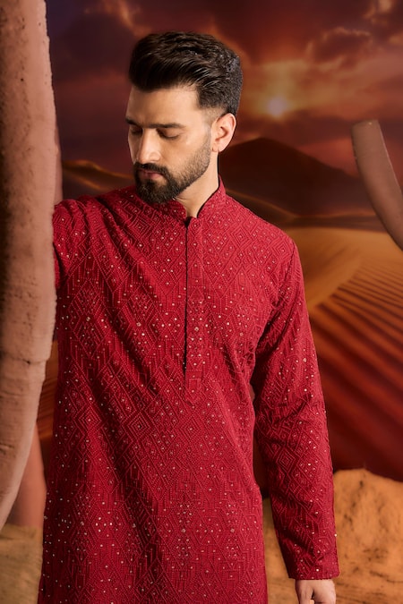 Buy_Kasbah_Red Silk Embroidery Designer Kurta _Online_at_Aza_Fashions