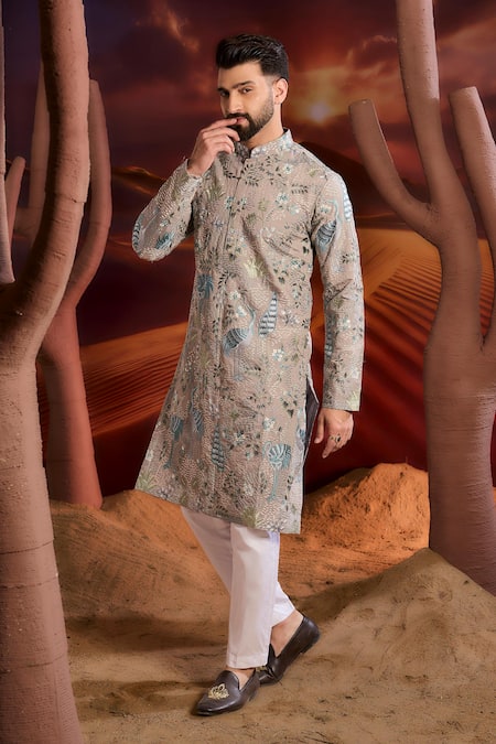 Kasbah_Gray Silk Embroidery Designer Classic Kurta _Online_at_Aza_Fashions