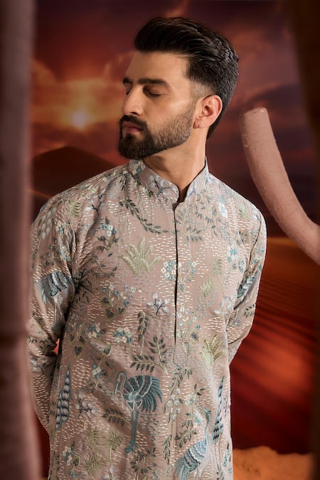 Buy_Kasbah_Gray Silk Embroidery Designer Classic Kurta _Online_at_Aza_Fashions