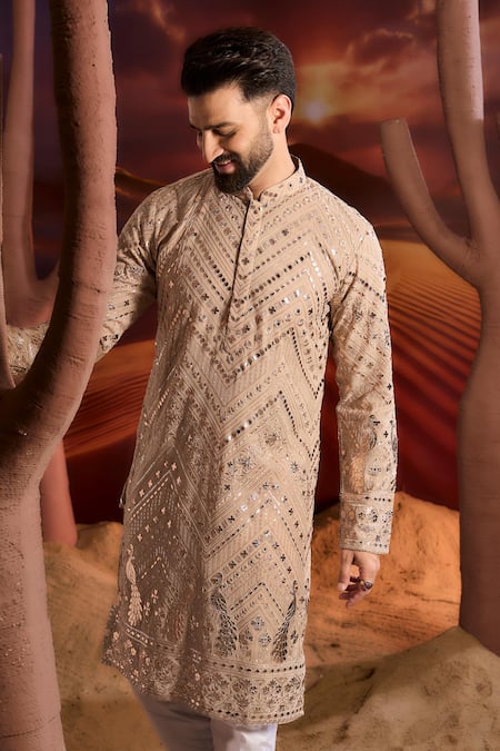 Kasbah Beige Georgette Sequins, Embroidery Designer Kurta 