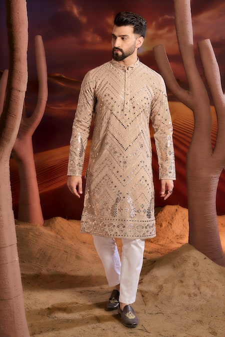 Kasbah_Beige Georgette Sequins, Embroidery Designer Kurta _Online_at_Aza_Fashions