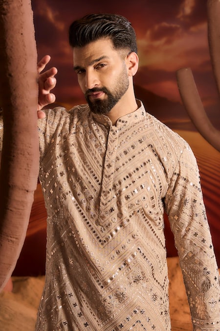 Buy_Kasbah_Beige Georgette Sequins, Embroidery Designer Kurta _Online_at_Aza_Fashions