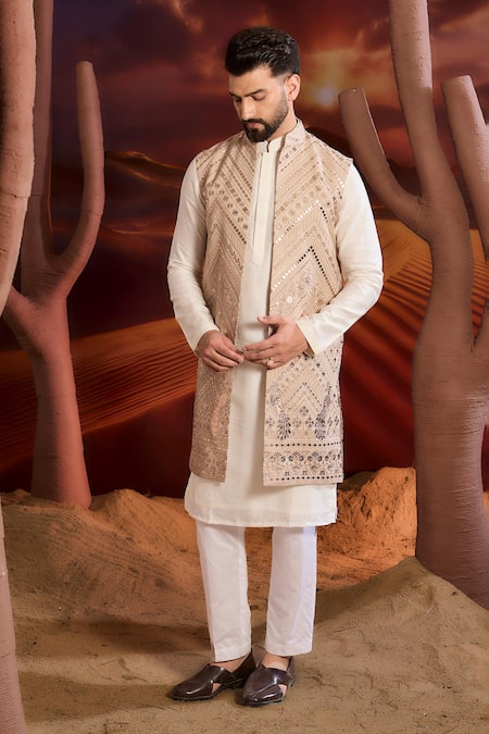 Kasbah_Beige Georgette Sequins, Embroidery Designer Nehru Jacket _Online_at_Aza_Fashions