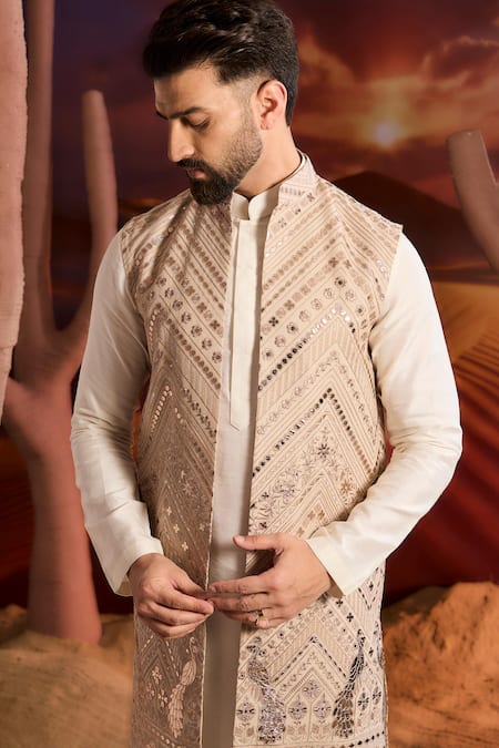 Buy_Kasbah_Beige Georgette Sequins, Embroidery Designer Nehru Jacket _Online_at_Aza_Fashions