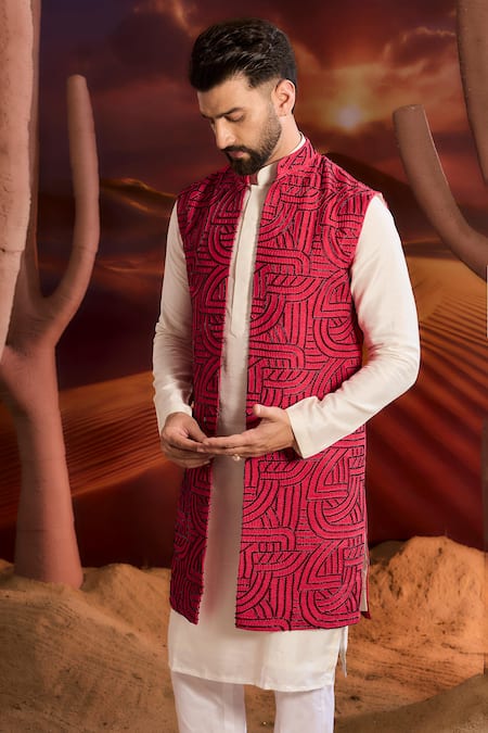 Kasbah Pink Silk Embroidery Designer Nehru Jacket 