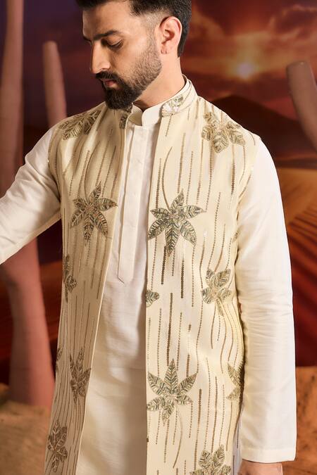 Buy_Kasbah_Gold Tissue Embroidery Designer Nehru Jacket _Online_at_Aza_Fashions