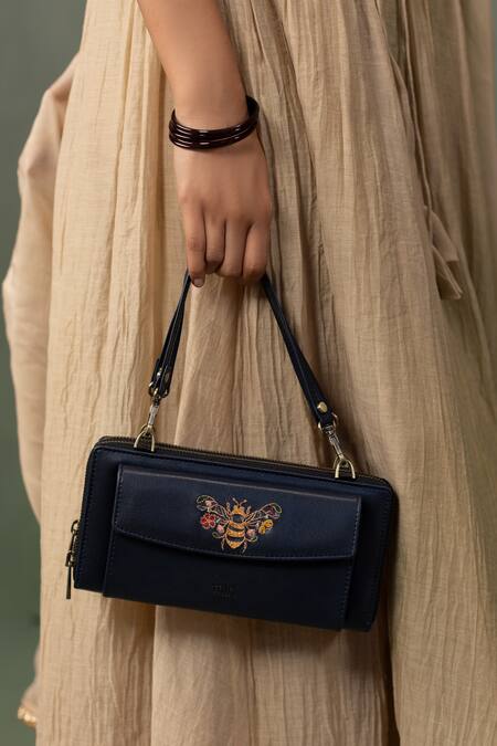 Buy Miri Blue Embroidery Hand Wallet Wrist Sling Buy_Miri_Blue Embroidery Hand Wallet Wrist Sling