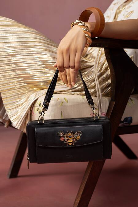 Miri Black Embroidery Queenbee Hand Wallet Sling Online at Aza Fashions Miri_Black Embroidery Queenbee Hand Wallet Sling _Online_at_Aza_Fashions