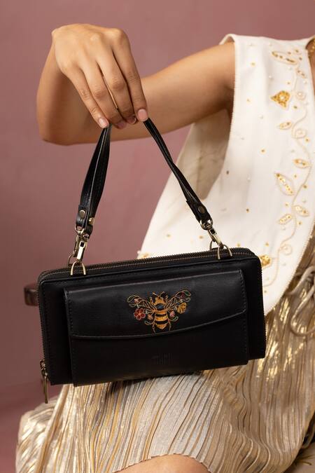 Buy Miri Black Embroidery Queenbee Hand Wallet Sling Online at Aza Fashions Buy_Miri_Black Embroidery Queenbee Hand Wallet Sling _Online_at_Aza_Fashions