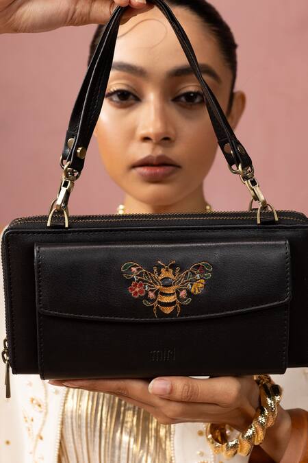 Shop Miri Black Embroidery Queenbee Hand Wallet Sling Online at Aza Fashions Shop_Miri_Black Embroidery Queenbee Hand Wallet Sling _Online_at_Aza_Fashions