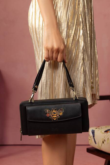 Miri Black Embroidery Queenbee Hand Wallet Sling at Aza Fashions Miri_Black Embroidery Queenbee Hand Wallet Sling _at_Aza_Fashions