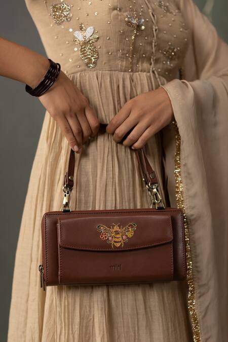Shop_Miri_Brown Embroidery Hand Wallet Wrist Sling _Online_at_Aza_Fashions