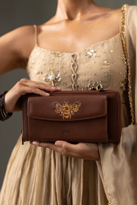 Miri_Brown Embroidery Hand Wallet Wrist Sling _at_Aza_Fashions