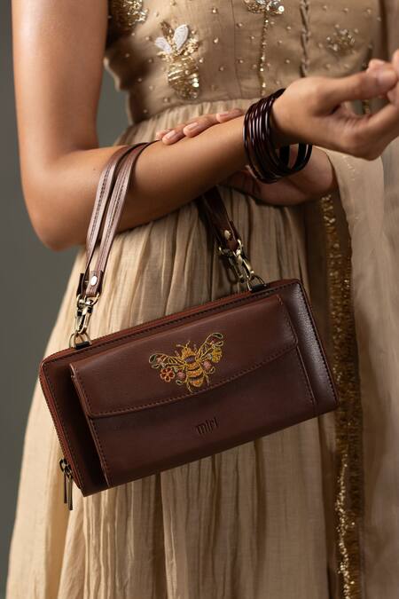 Buy_Miri_Brown Embroidery Hand Wallet Wrist Sling 