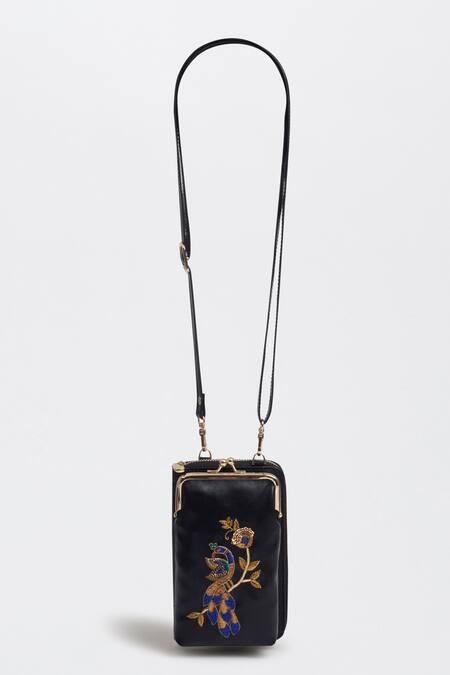 Miri_Black Embroidery, Zari Hand Peacock Mobile Wallet Sling _Online_at_Aza_Fashions