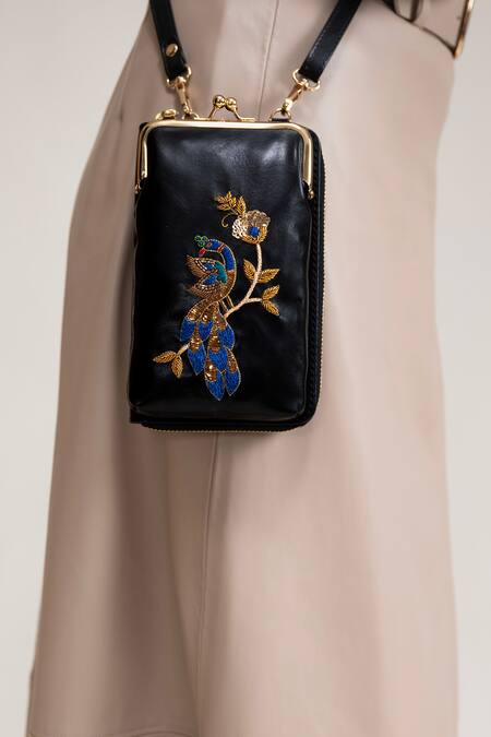 Shop_Miri_Black Embroidery, Zari Hand Peacock Mobile Wallet Sling _Online_at_Aza_Fashions