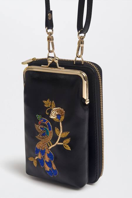Miri_Black Embroidery, Zari Hand Peacock Mobile Wallet Sling _at_Aza_Fashions