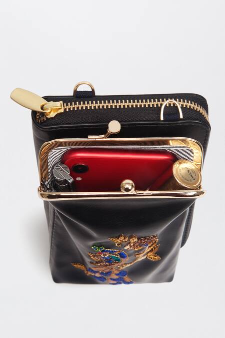 Shop_Miri_Black Embroidery, Zari Hand Peacock Mobile Wallet Sling 