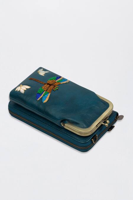 Shop Miri Blue Embroidery Hand Dragonfly Mobile Wallet Sling Online at Aza Fashions Shop_Miri_Blue Embroidery Hand Dragonfly Mobile Wallet Sling _Online_at_Aza_Fashions