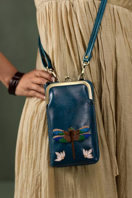 Miri Blue Embroidery Hand Dragonfly Mobile Wallet Sling at Aza Fashions Miri_Blue Embroidery Hand Dragonfly Mobile Wallet Sling _at_Aza_Fashions