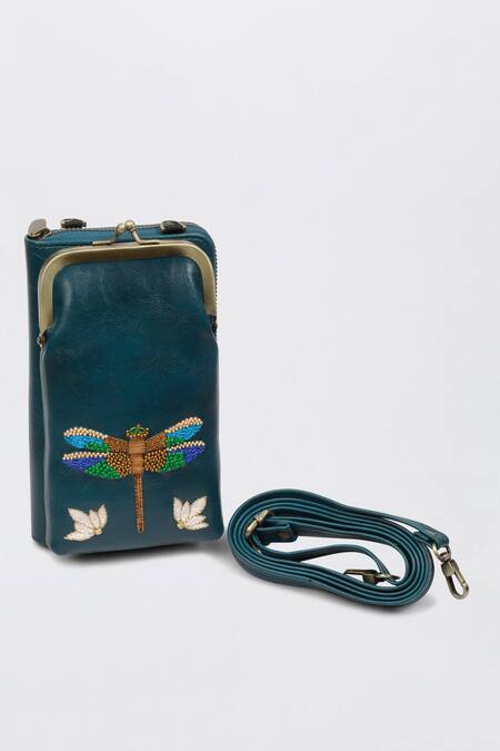 Buy Miri Blue Embroidery Hand Dragonfly Mobile Wallet Sling Buy_Miri_Blue Embroidery Hand Dragonfly Mobile Wallet Sling