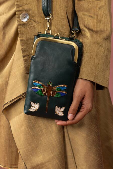 Miri_Green Embroidery Hand Dragonfly Mobile Wallet Sling _Online_at_Aza_Fashions