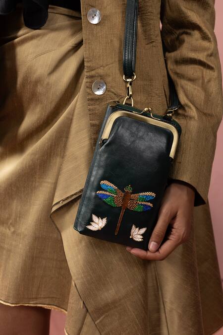 Buy_Miri_Green Embroidery Hand Dragonfly Mobile Wallet Sling _Online_at_Aza_Fashions