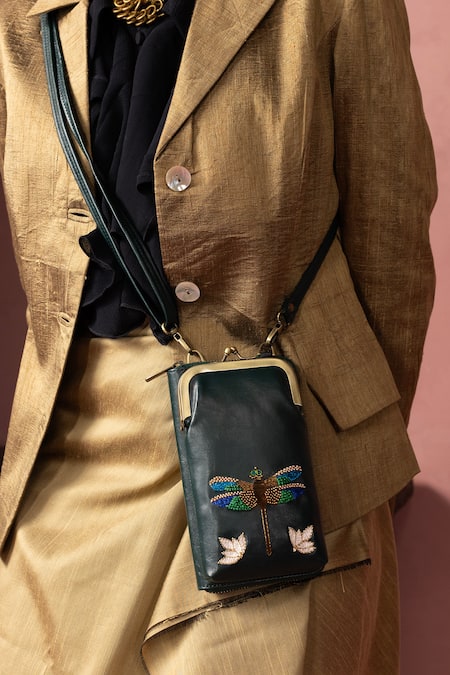 Miri Hand Embroidered Dragonfly Mobile Wallet Sling 