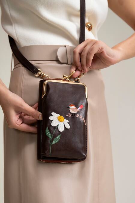Miri Brown Embroidery Hand Chirpy Bloom Wallet Sling Online at Aza Fashions Miri_Brown Embroidery Hand Chirpy Bloom Wallet Sling _Online_at_Aza_Fashions