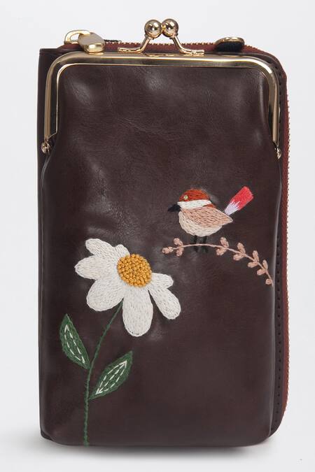 Buy Miri Brown Embroidery Hand Chirpy Bloom Wallet Sling Online at Aza Fashions Buy_Miri_Brown Embroidery Hand Chirpy Bloom Wallet Sling _Online_at_Aza_Fashions