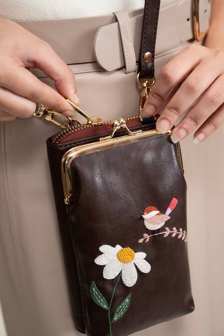 Shop Miri Brown Embroidery Hand Chirpy Bloom Wallet Sling Online at Aza Fashions Shop_Miri_Brown Embroidery Hand Chirpy Bloom Wallet Sling _Online_at_Aza_Fashions