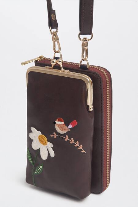Miri Brown Embroidery Hand Chirpy Bloom Wallet Sling at Aza Fashions Miri_Brown Embroidery Hand Chirpy Bloom Wallet Sling _at_Aza_Fashions