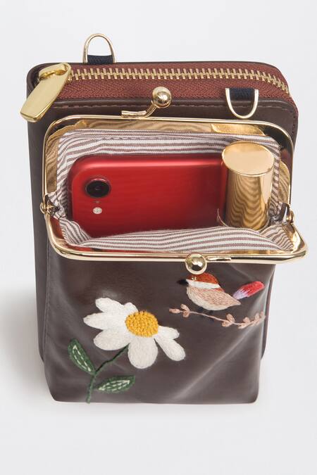 Buy Miri Brown Embroidery Hand Chirpy Bloom Wallet Sling Buy_Miri_Brown Embroidery Hand Chirpy Bloom Wallet Sling