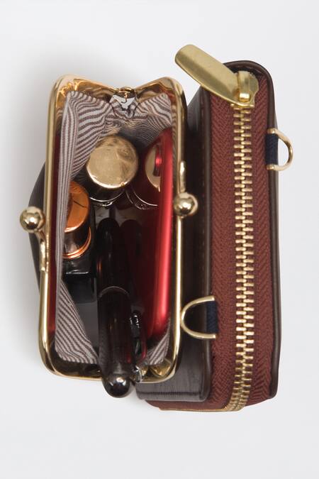 Shop Miri Brown Embroidery Hand Chirpy Bloom Wallet Sling Shop_Miri_Brown Embroidery Hand Chirpy Bloom Wallet Sling