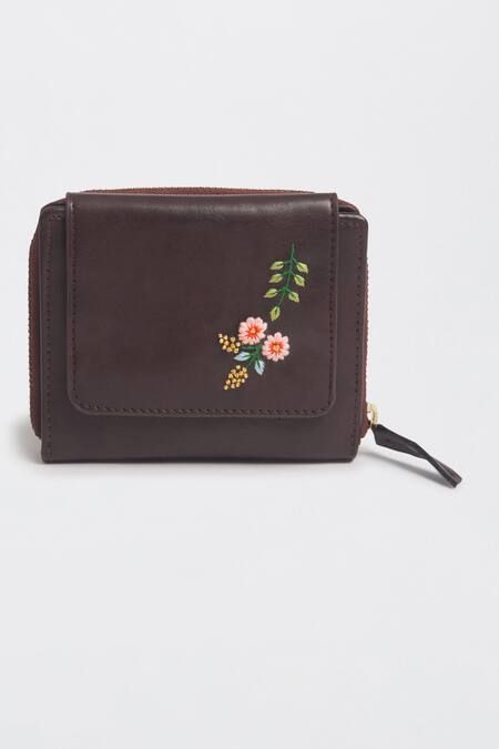 Buy_Miri_Brown Embroidery Peekaboo Wallet _Online_at_Aza_Fashions