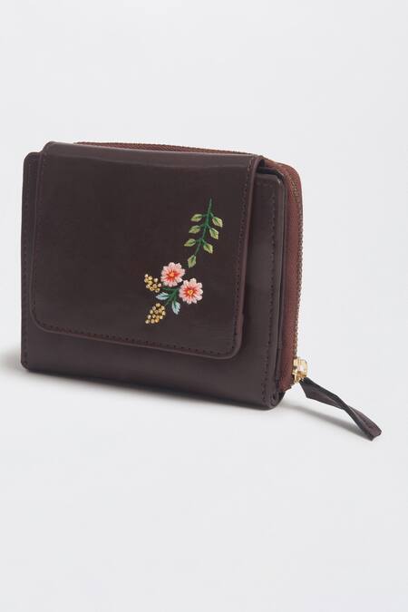 Miri_Brown Embroidery Peekaboo Wallet _at_Aza_Fashions