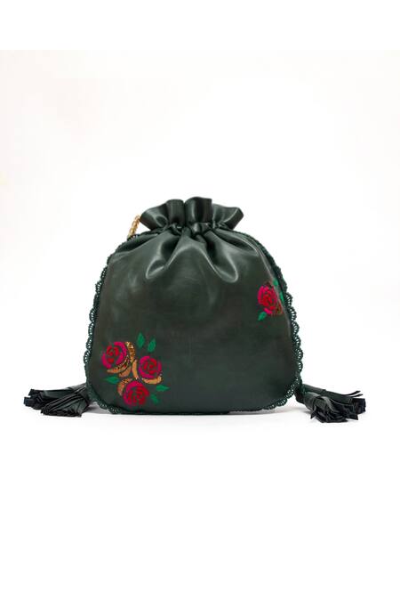 Miri_Olive Green Embroidery, Zari Hand Roses Potli Bag _Online_at_Aza_Fashions